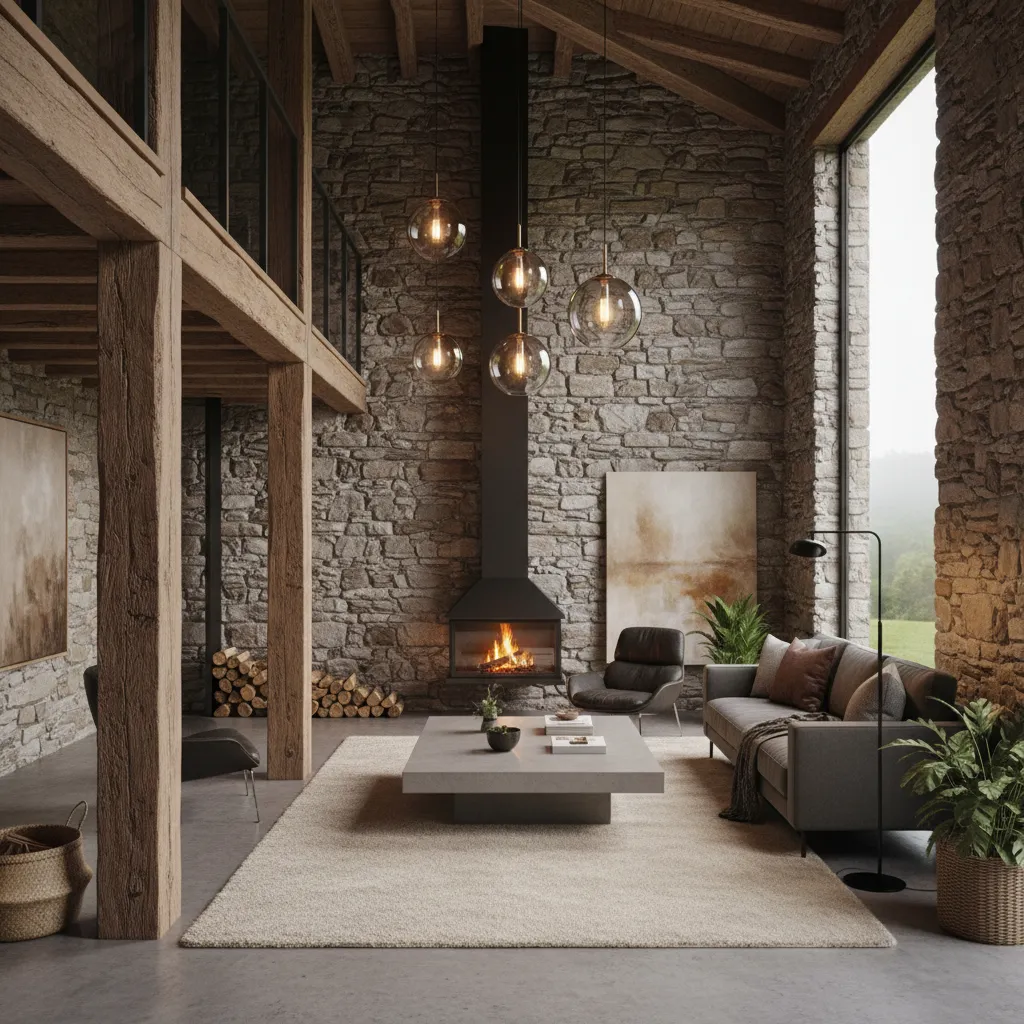 Modern rustic living room with stone walls, fireplace, wooden beams, grey sofa, and large windows