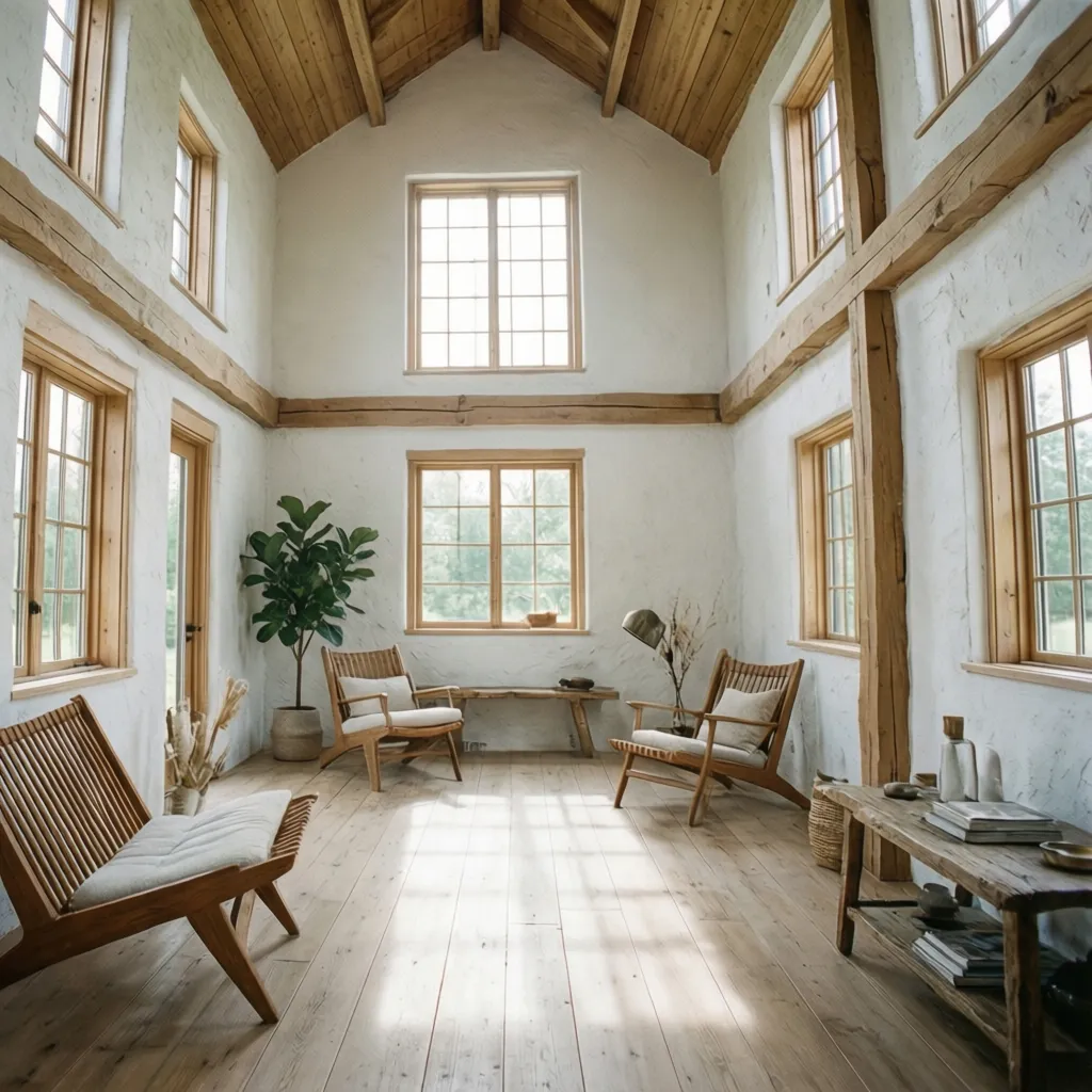 Casa rústica luminosa con paredes claras y vigas de madera