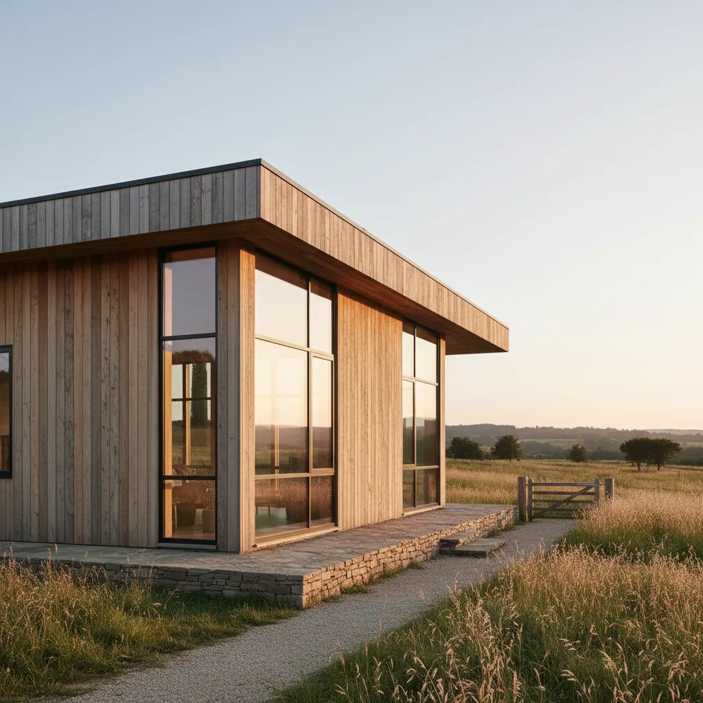 Casa rústica moderna económica con grandes ventanas y madera