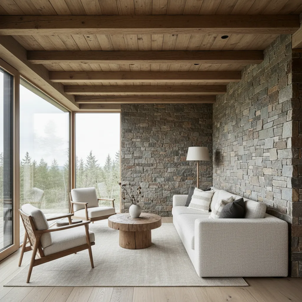 Interior de casa rústica moderna pequeña con diseño minimalista