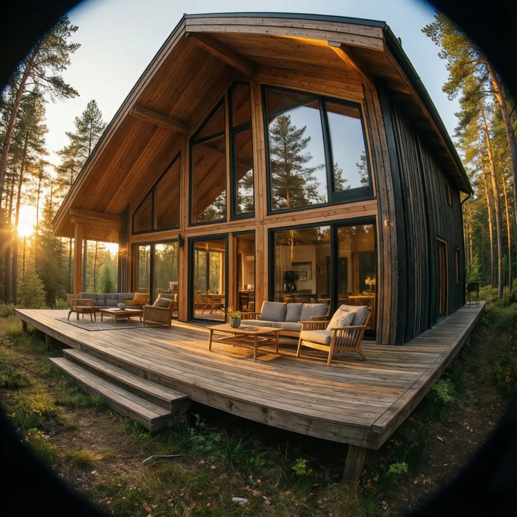 Casa rústica prefabricada con terraza y grandes ventanales