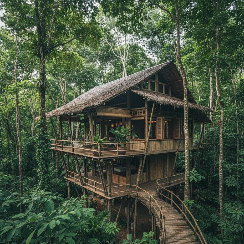 Casa elevada sobre pilotes en medio de la selva tropical