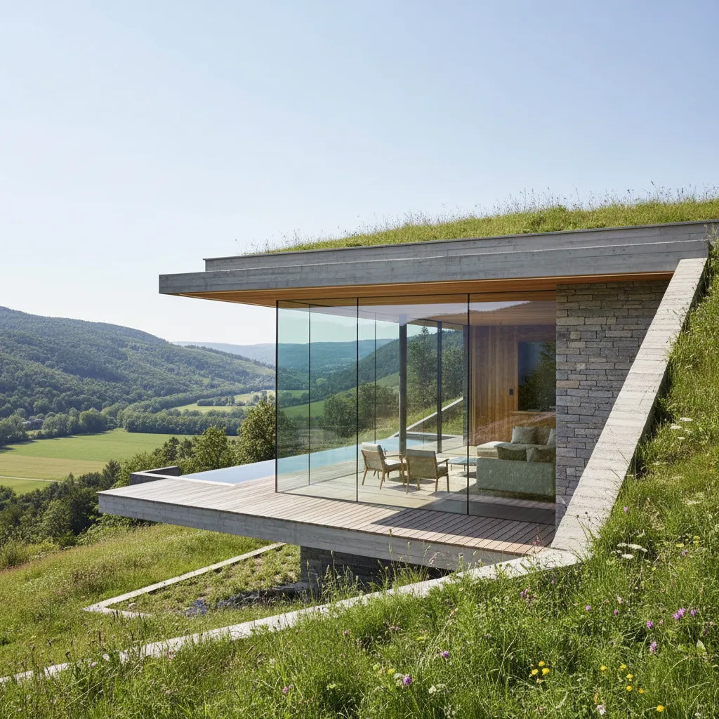Modern stone house built into green hill with grass roof and large glass windows view