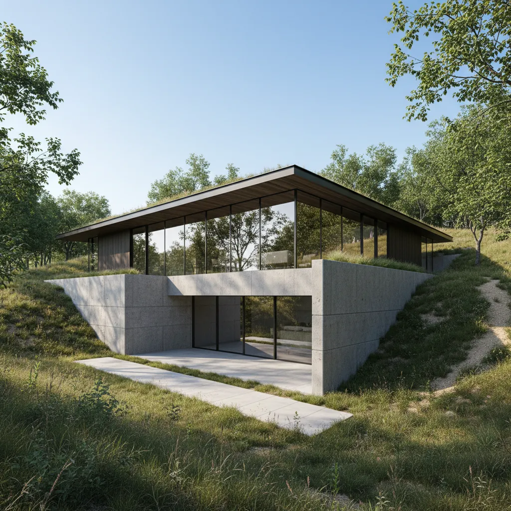 Modern glass house built into a grassy hill with a flat roof and concrete foundation