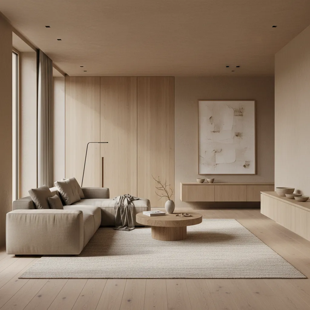 Interior de casa sencilla con madera y tonos neutros