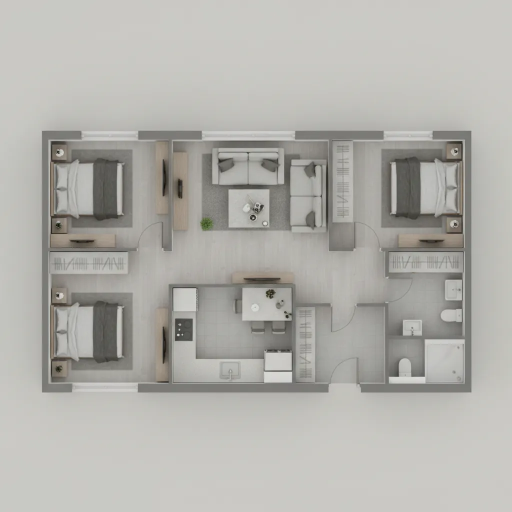 visualização de planta simples de casa térrea com três quartos