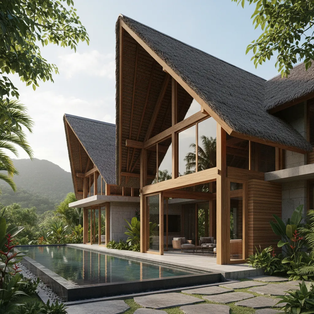 Casa contemporánea con techo alto e inclinación para clima tropical