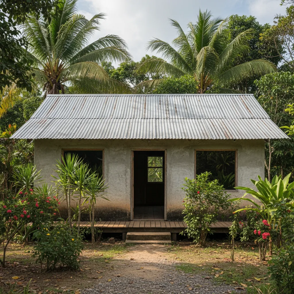 Casa sencilla con techo de lámina a dos aguas en zona rural