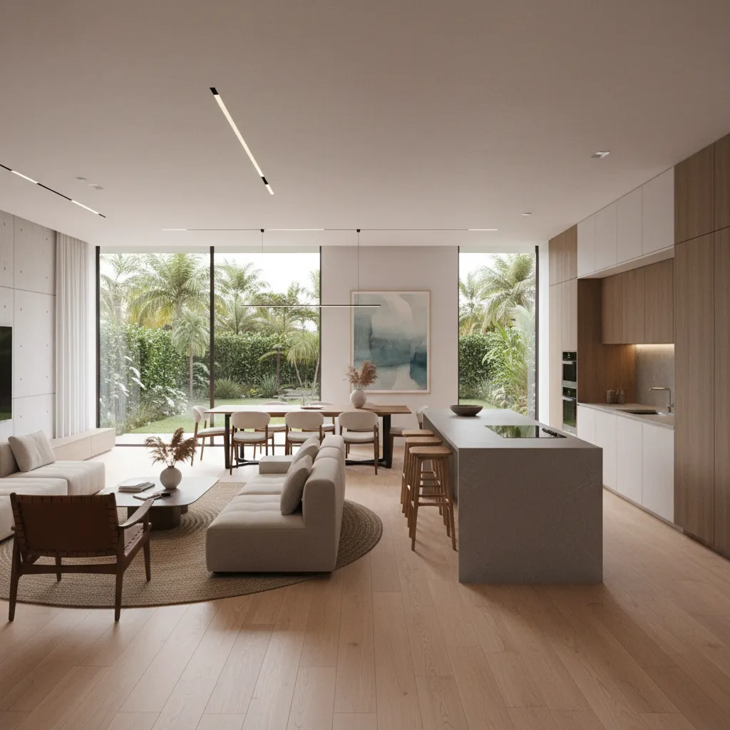 interior de casa térrea moderna de 200 m² com sala integrada à cozinha