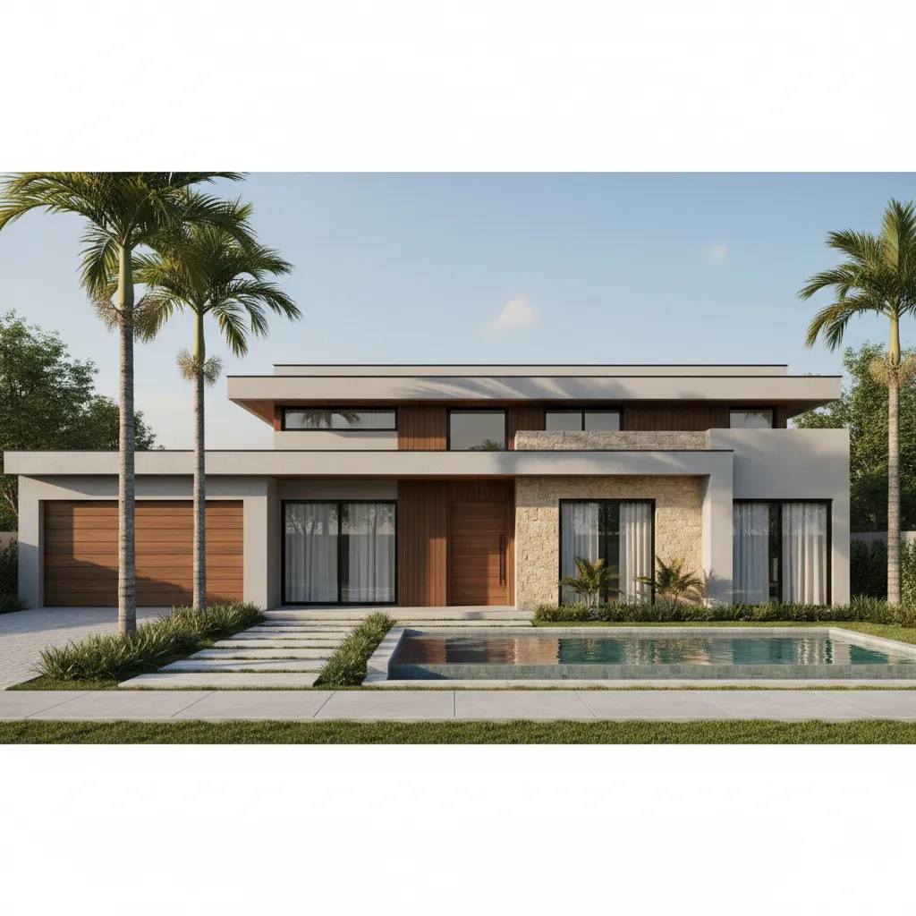 fachada moderna de casa térrea com três quartos e garagem