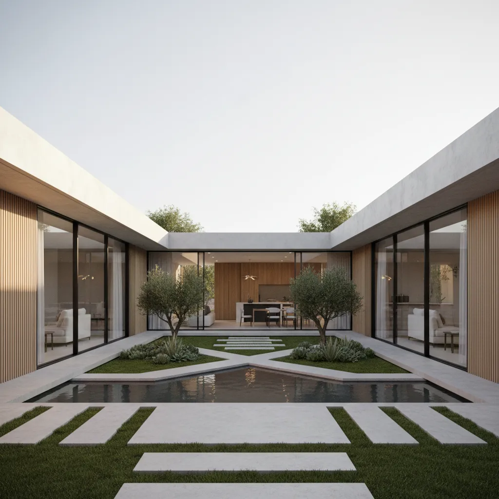 Casa térrea em formato U com jardim central