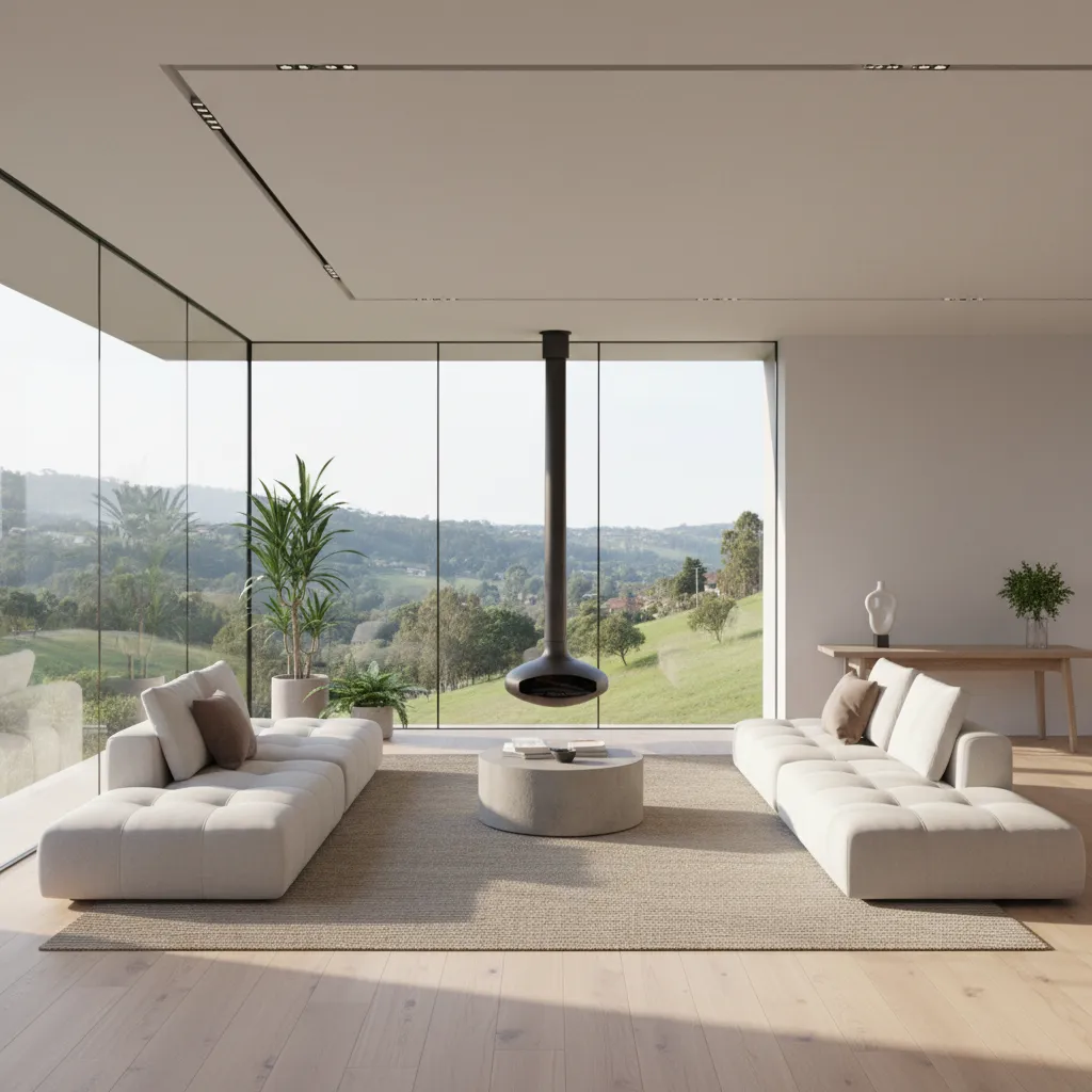 Sala de estar com grandes janelas panorâmicas voltadas para paisagem em terreno inclinado