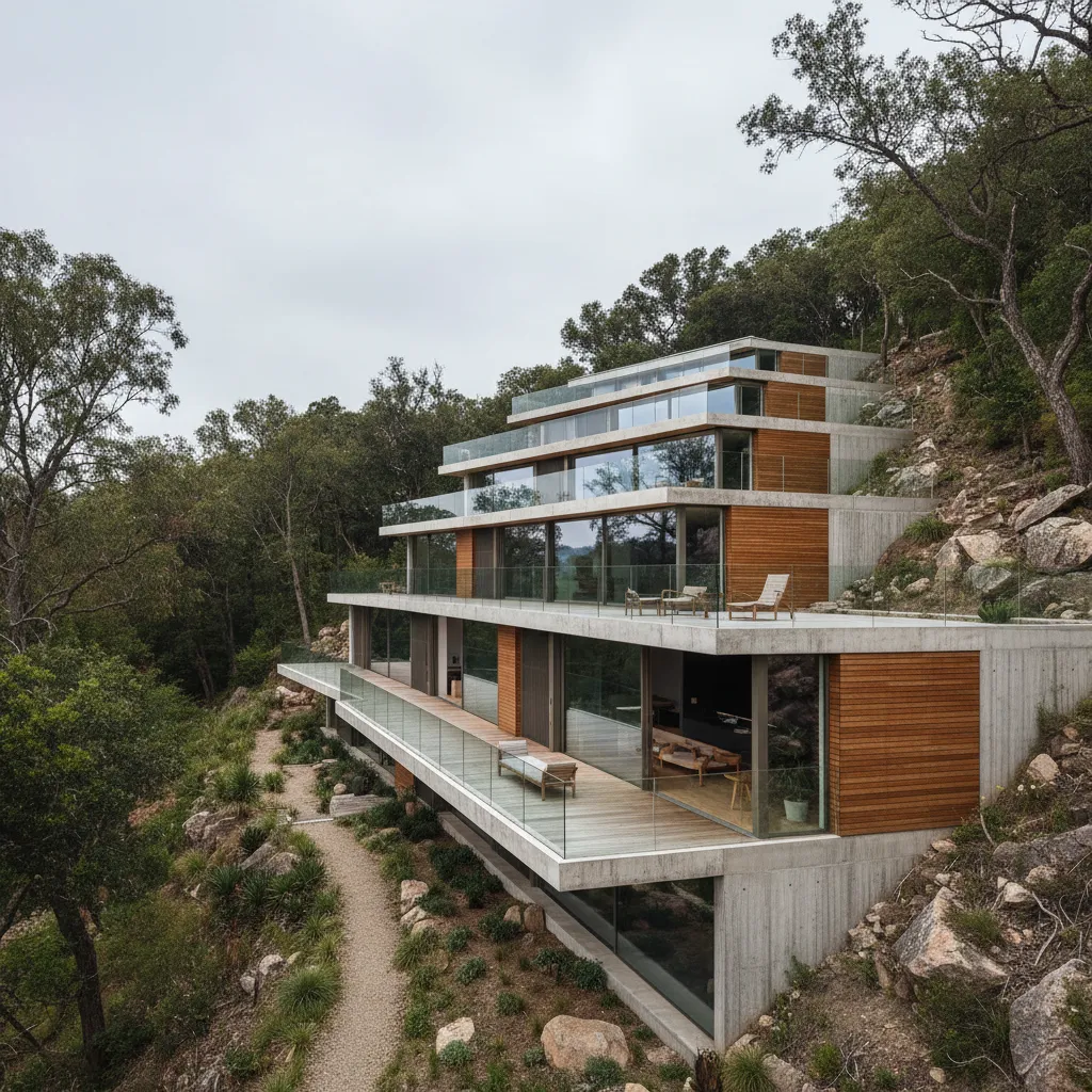 Modern house on a steep hill with wood walls, concrete balconies, glass railings, and trees.