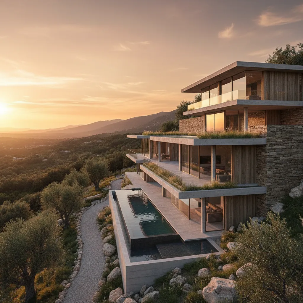Large modern house built on a hillside with stone walls a swimming pool and sunset
