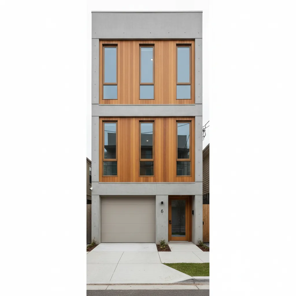 fachada de casa moderna construída em terreno estreito urbano