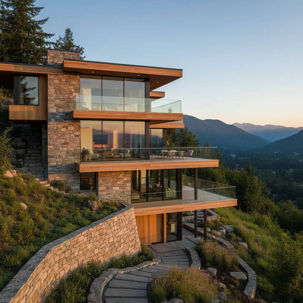 Modern multi level stone house on a hill with large windows balconies and mountain views