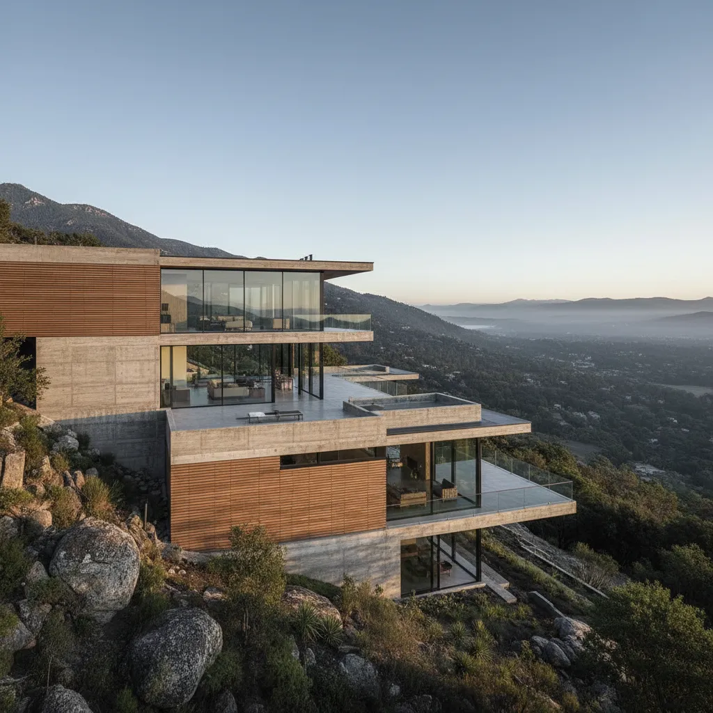 Modern concrete house on a rocky hill with large windows and wood panels overlooking a valley