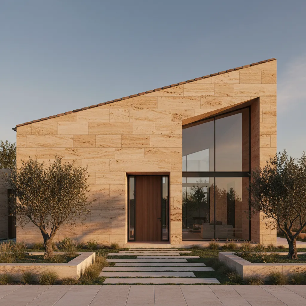 Casas de diseño de travertino con cubierta inclinada