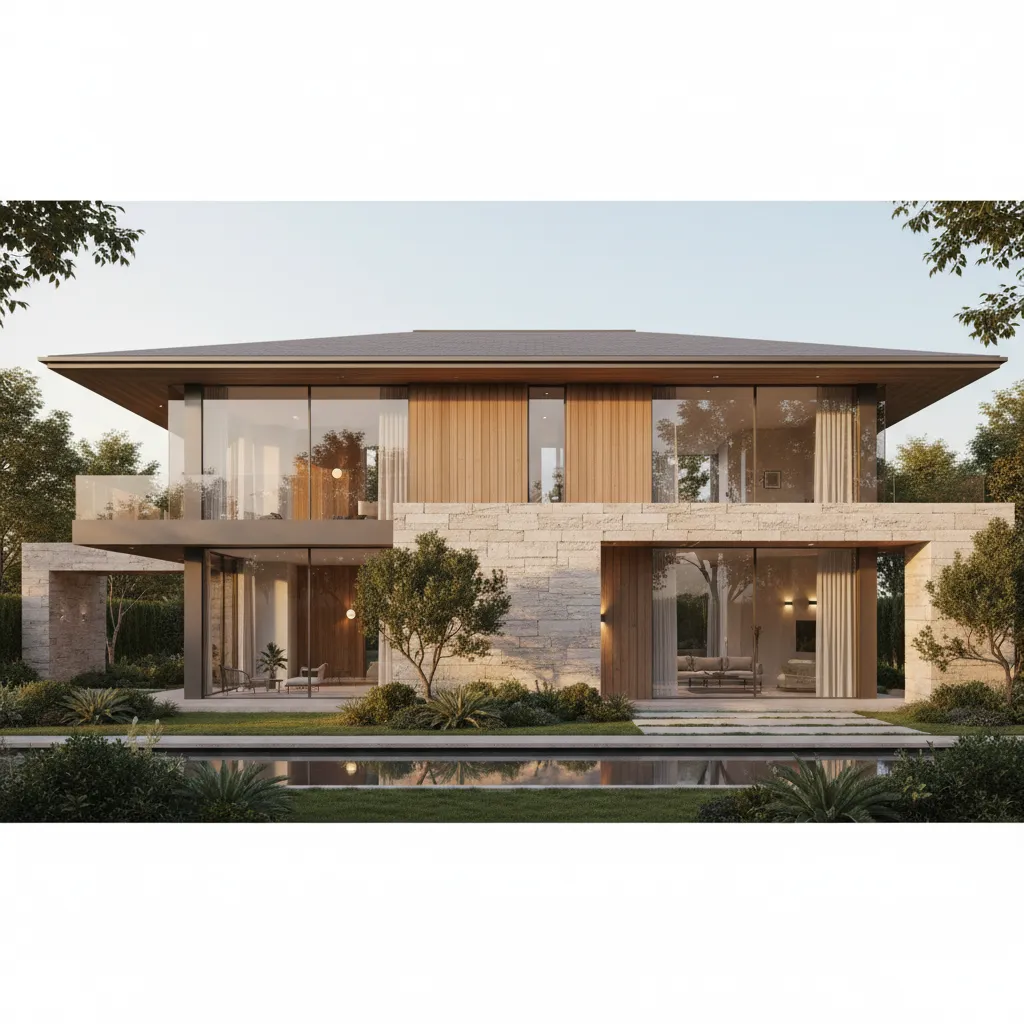 Casa contemporánea que combina travertino, madera y grandes superficies acristaladas
