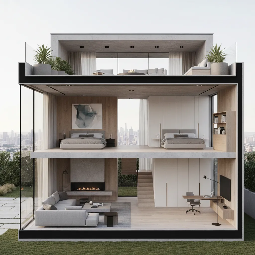 visualização em corte mostrando interior de casa de três andares