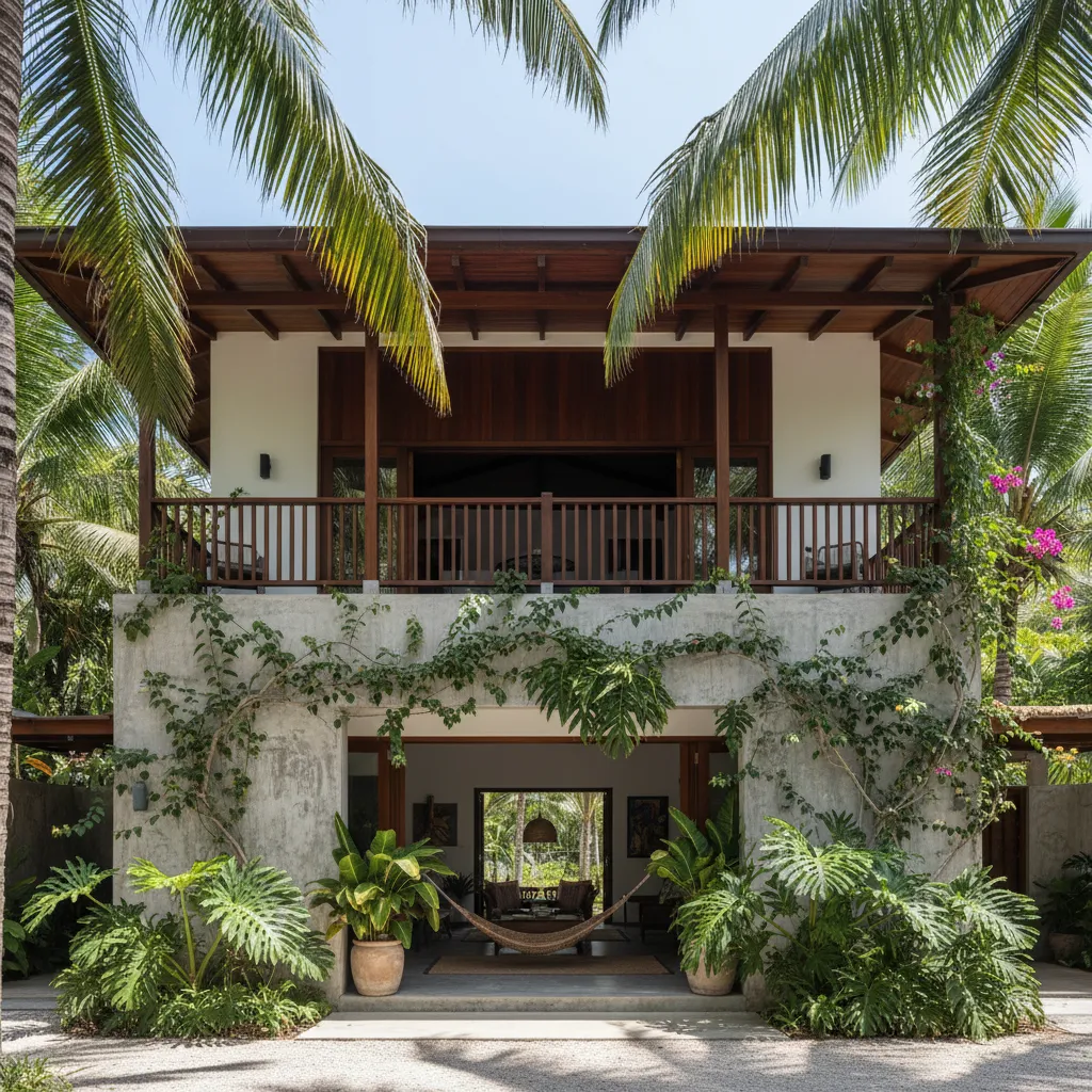 Casa tropical de dos niveles con balcón y ventilación natural