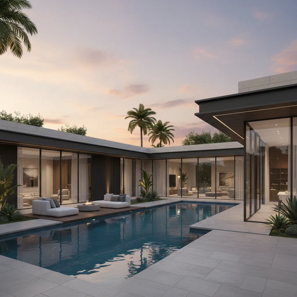 Casa contemporánea en forma de U con piscina en el patio central