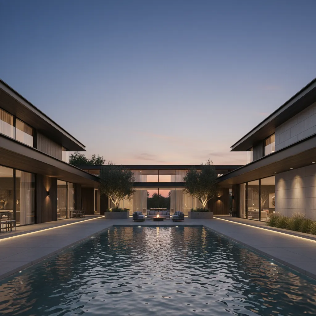 Casa moderna en forma de U con piscina en el patio central