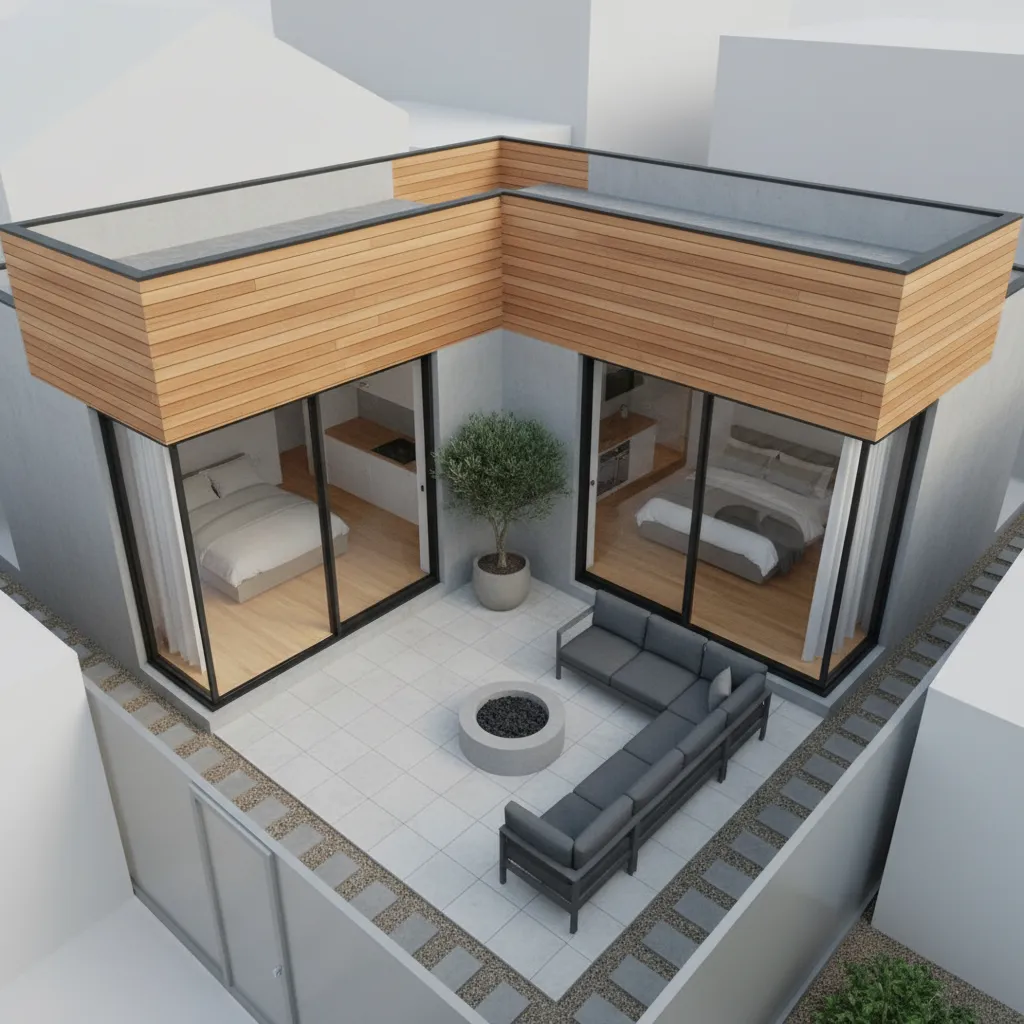 Diseño compacto de casa en forma de U en terreno pequeño