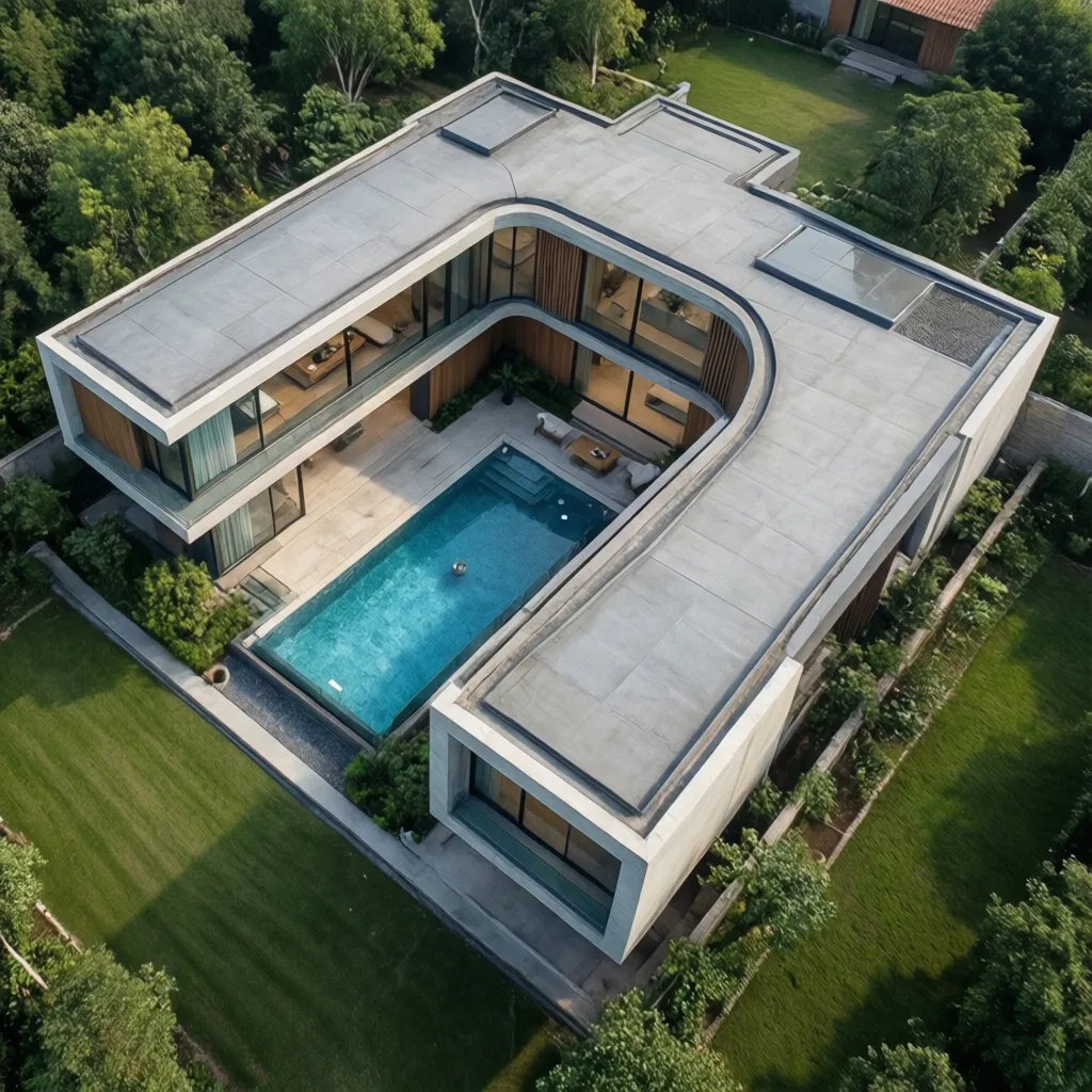 Vista aérea de una casa moderna en forma de U con piscina central