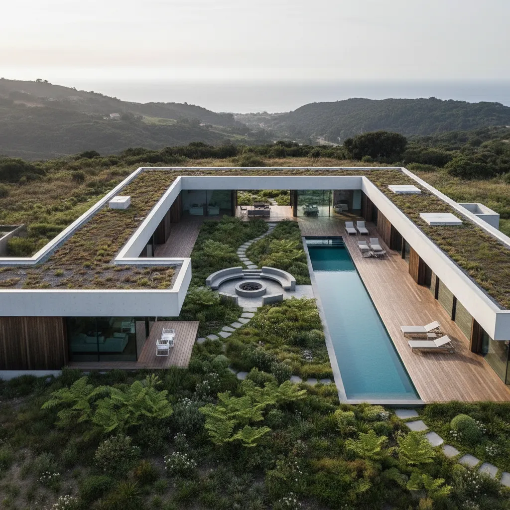 Vista aérea de casa moderna en forma de U