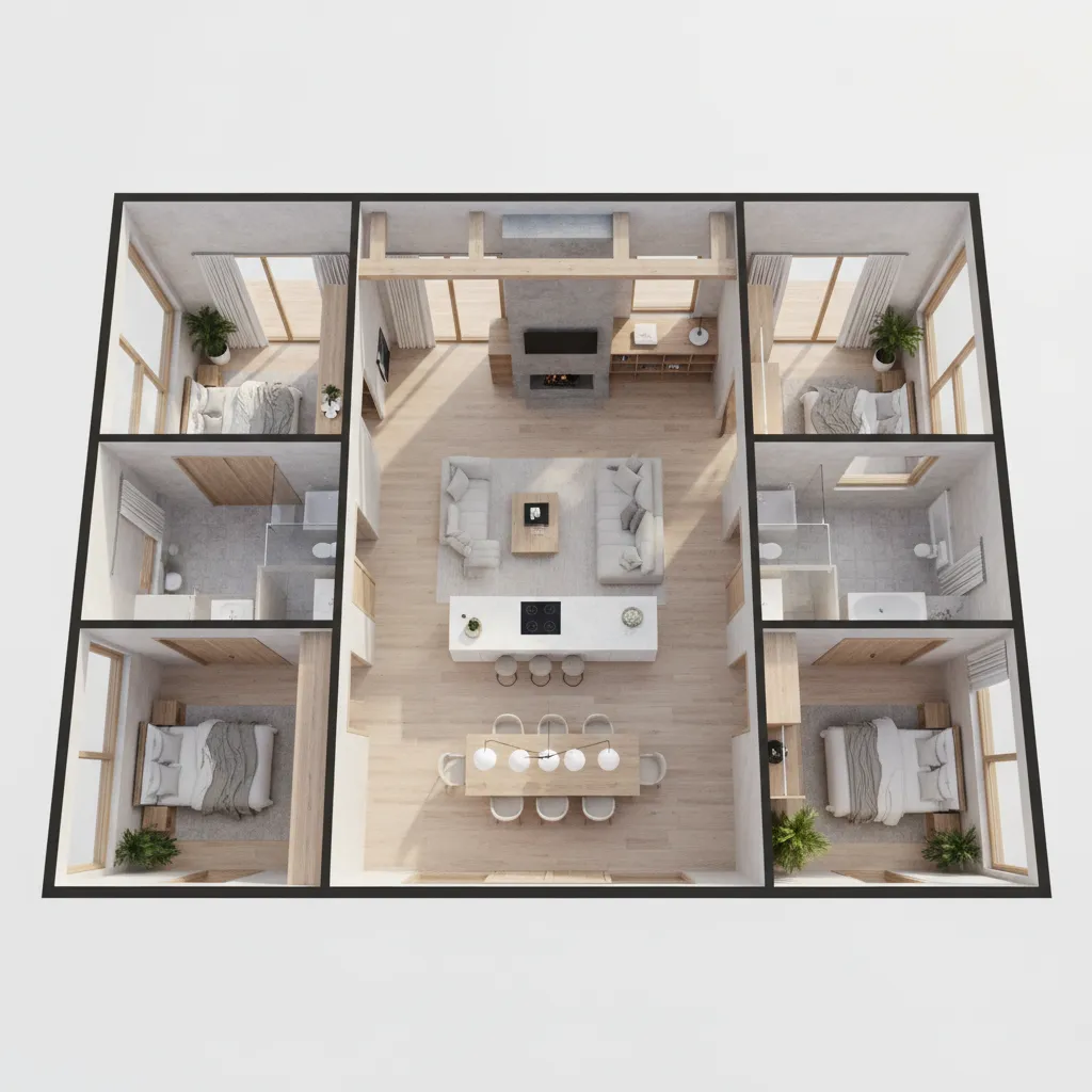 Top down interior design drawing of four bedrooms living room kitchen and dining room layout