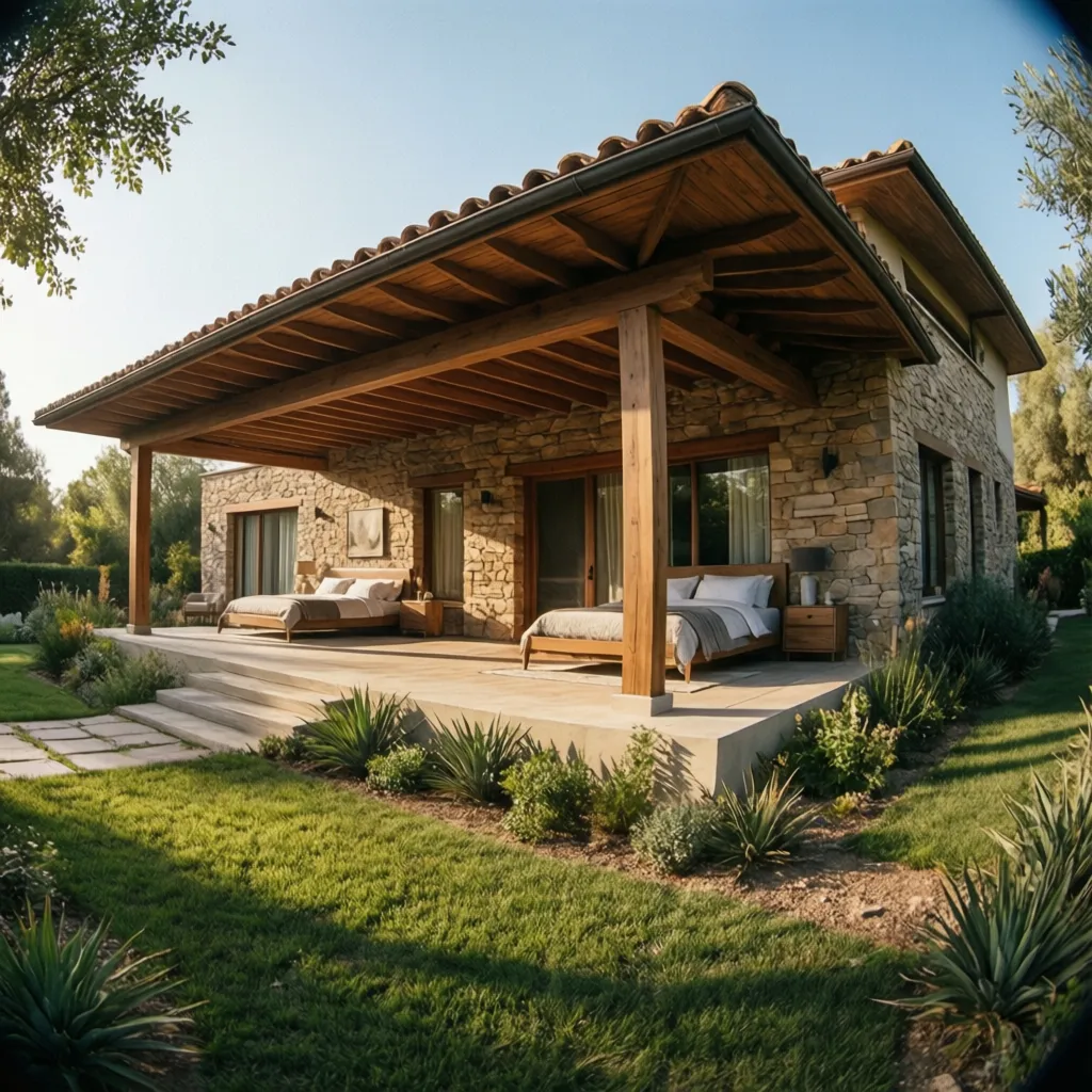 Stone house with large covered porch featuring wooden ceiling two outdoor beds and green garden