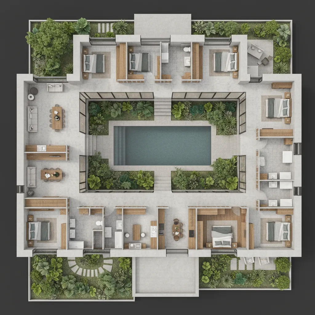Plano de casa de una sola planta con cinco dormitorios