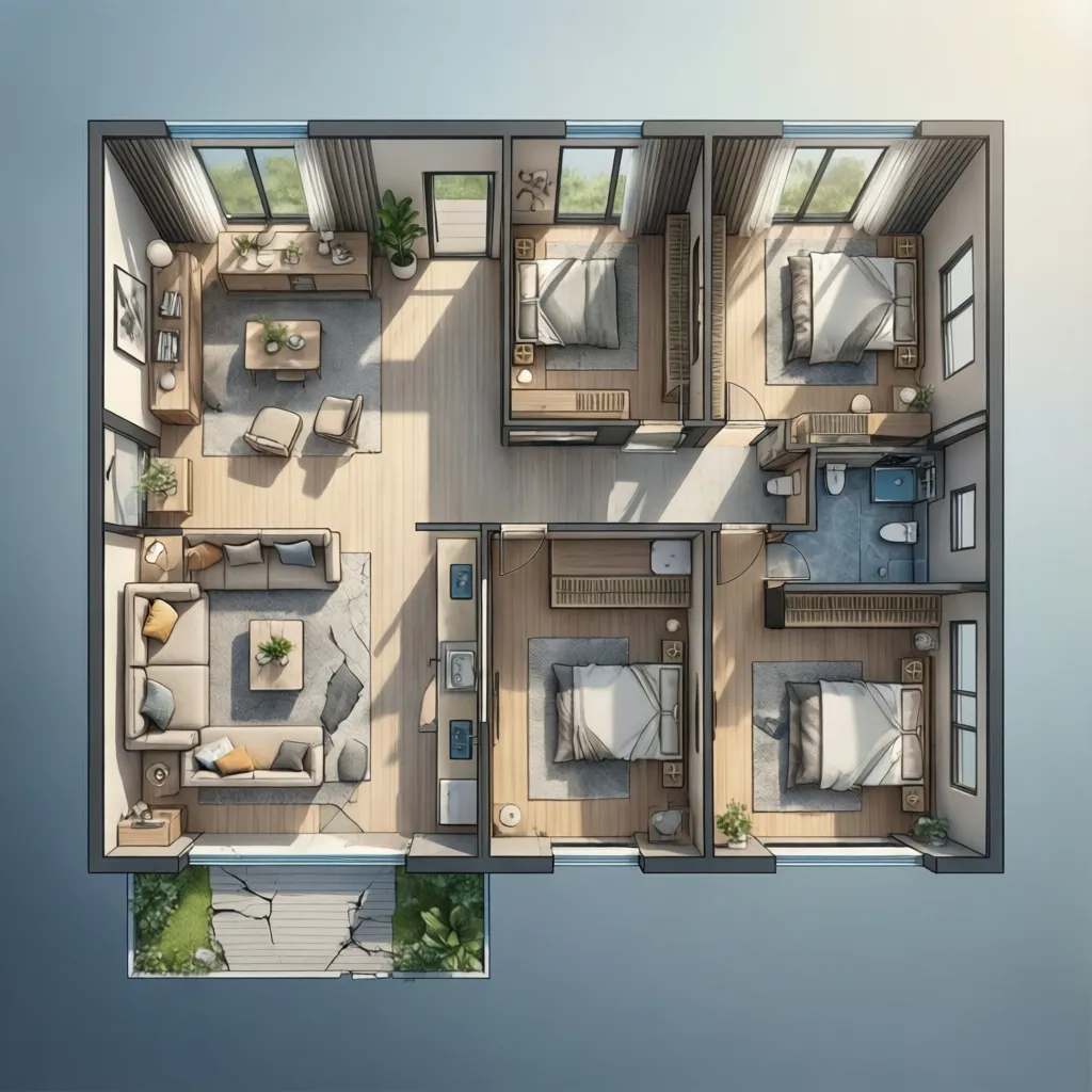 Plano de casa de una planta con zonas sociales y privadas diferenciadas