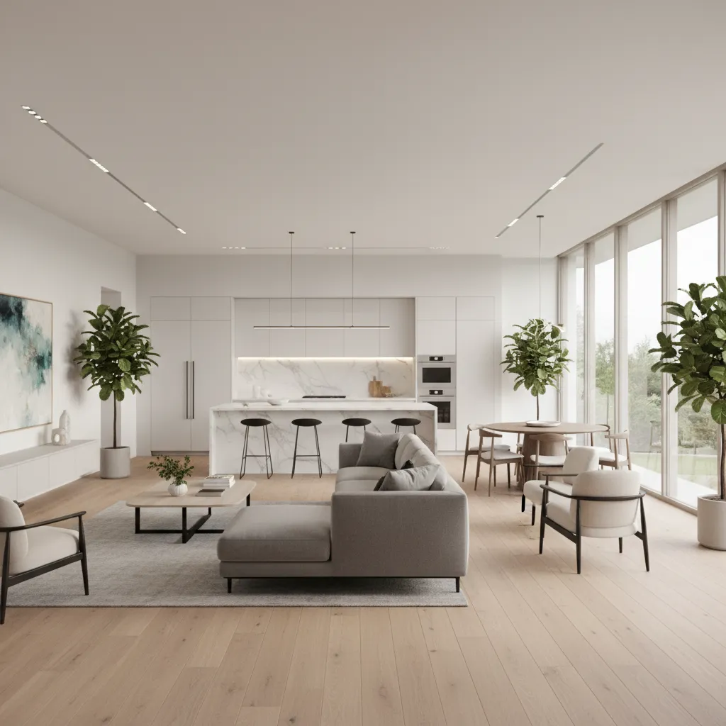 Interior moderno de casa de una planta con cocina abierta y salón