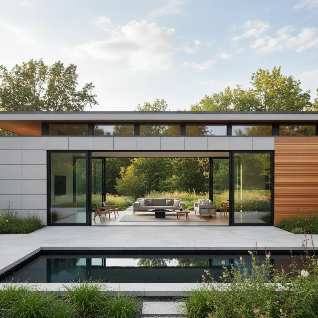 Casa de una planta conectada con jardín y terraza