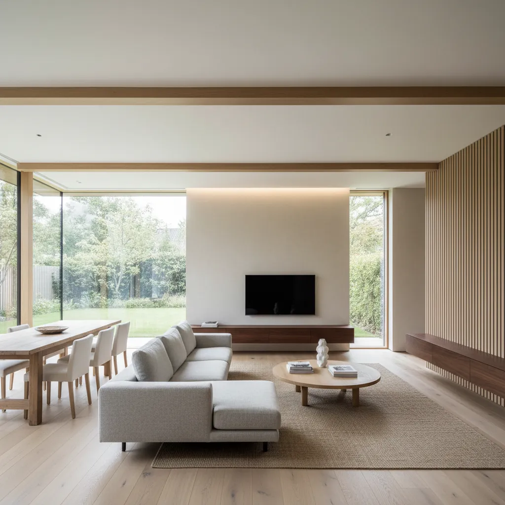 Casa de una planta con grandes ventanas y luz natural
