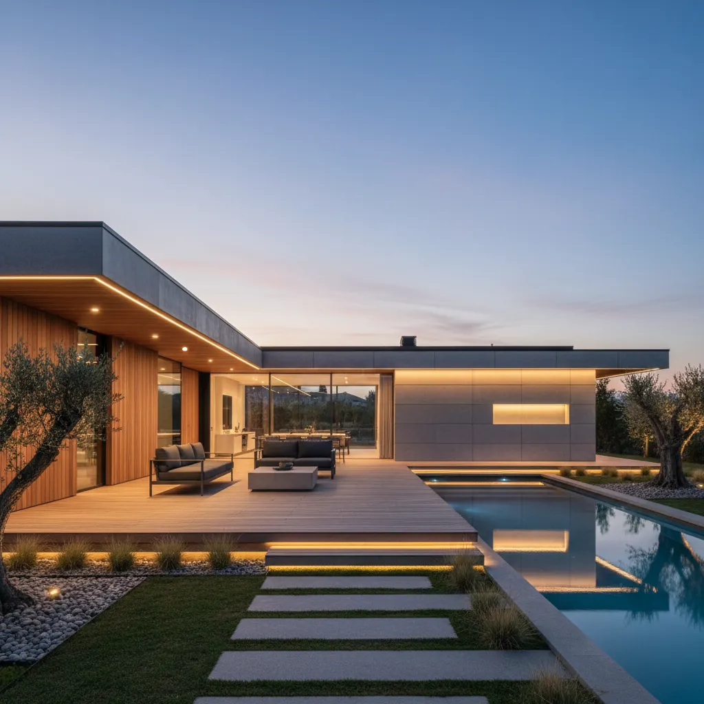 Vista exterior de una casa moderna de una sola planta con terraza