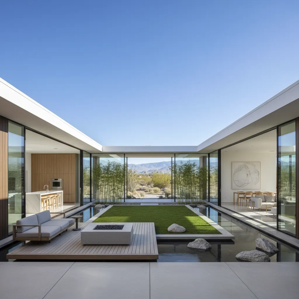 Casa de una planta con patio interior y grandes ventanales
