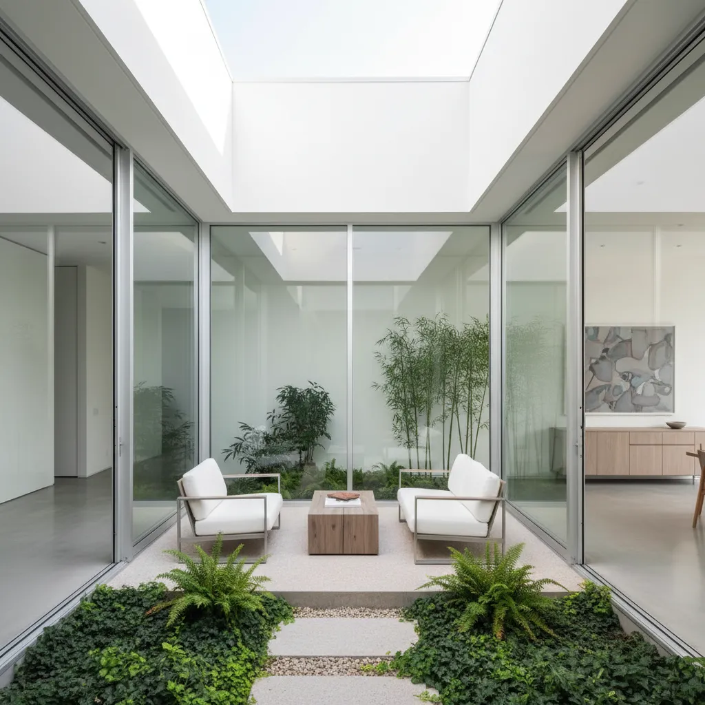 Casa de una planta con patio interior y ventanales