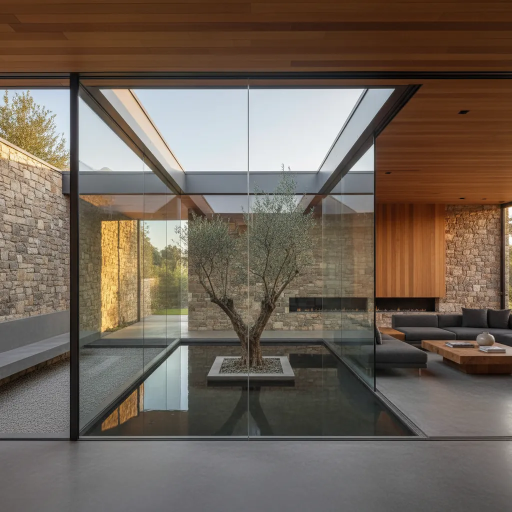 Modern living room with stone walls glass walls indoor tree in water and grey sofa
