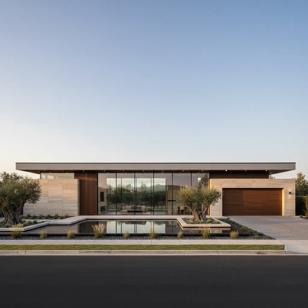Modern one-story house with glass walls large front pond wooden garage door and olive trees