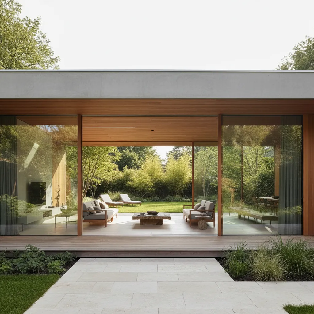 Casa de una planta con grandes ventanales conectados al jardín