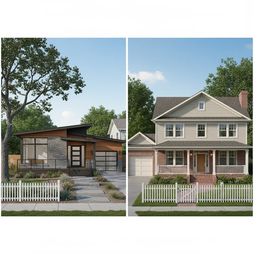 Side by side view of modern one story house and a traditional two story house