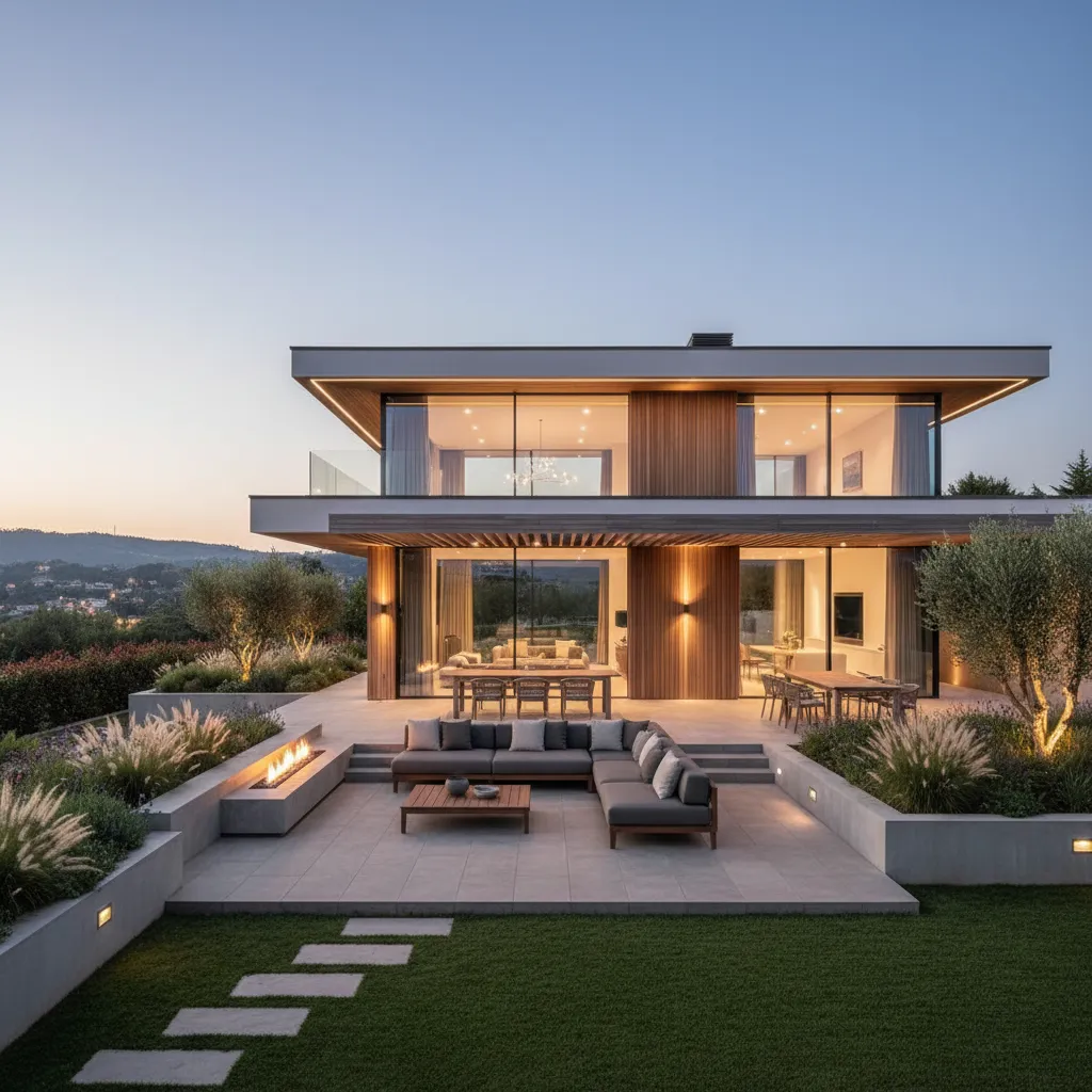 Casa unifamiliar moderna con terraza y jardín