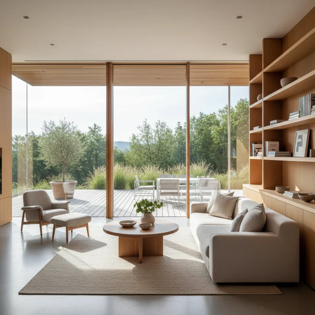 Salón de vivienda unifamiliar con grandes ventanales y mucha luz