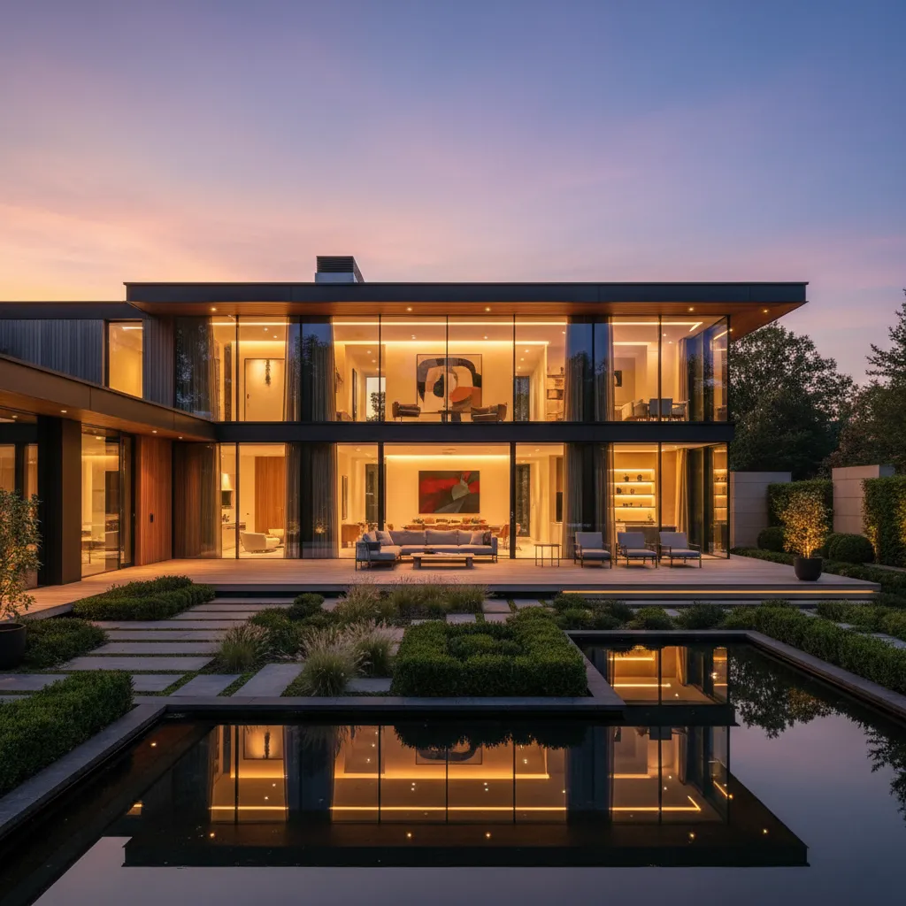 Casa moderna iluminada al atardecer con grandes ventanas