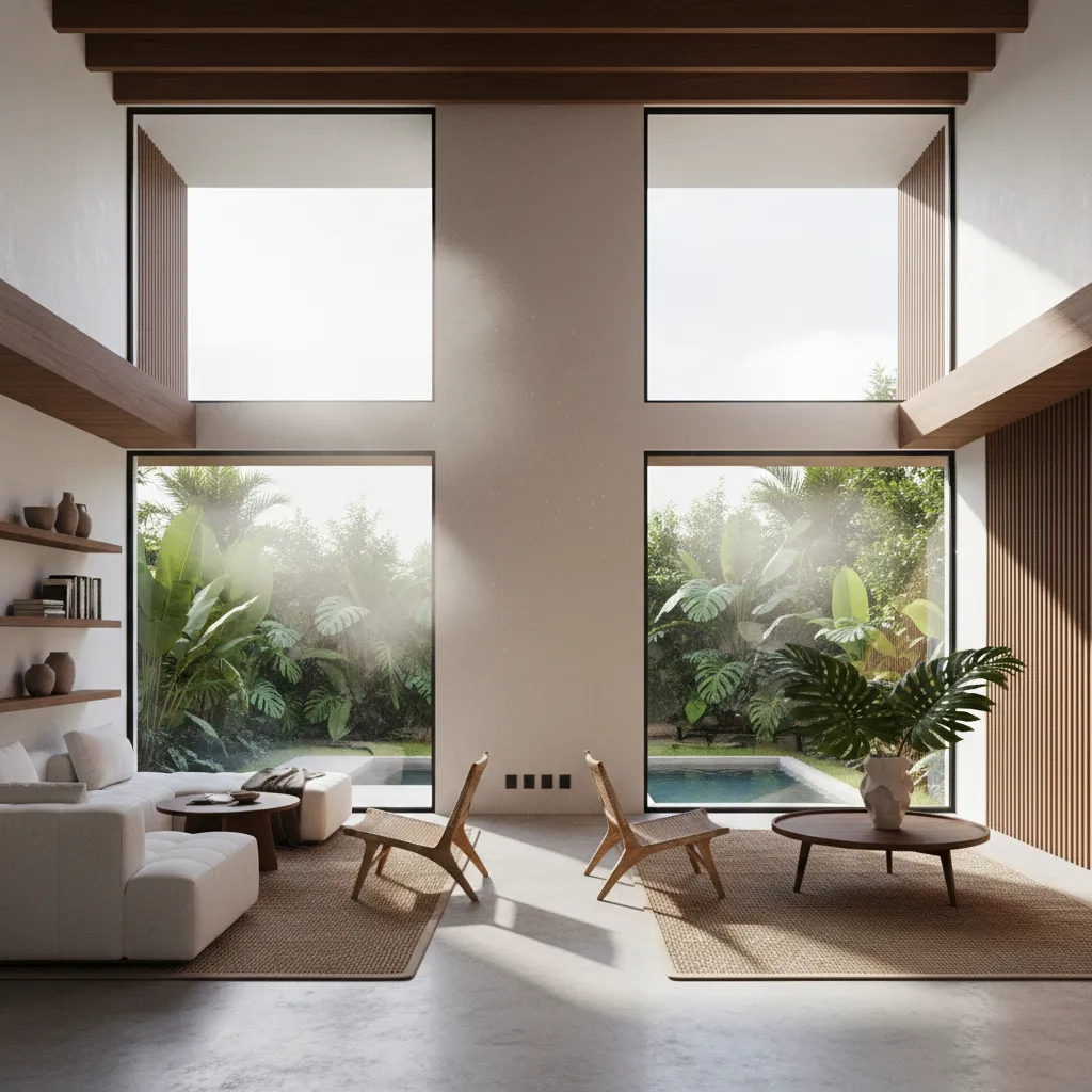 Casa moderna con grandes ventanas opuestas para ventilación cruzada