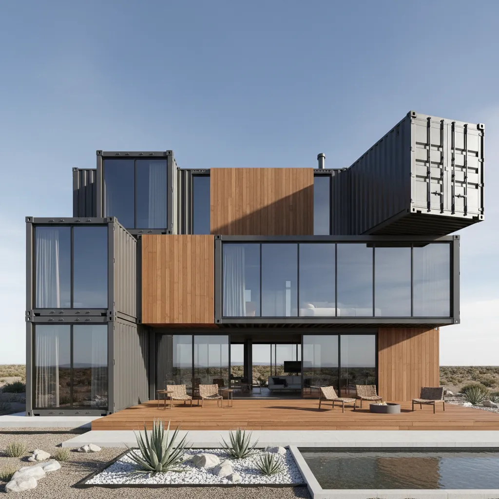 Modern tiered container house featuring wood panels large glass windows outdoor deck and desert landscape