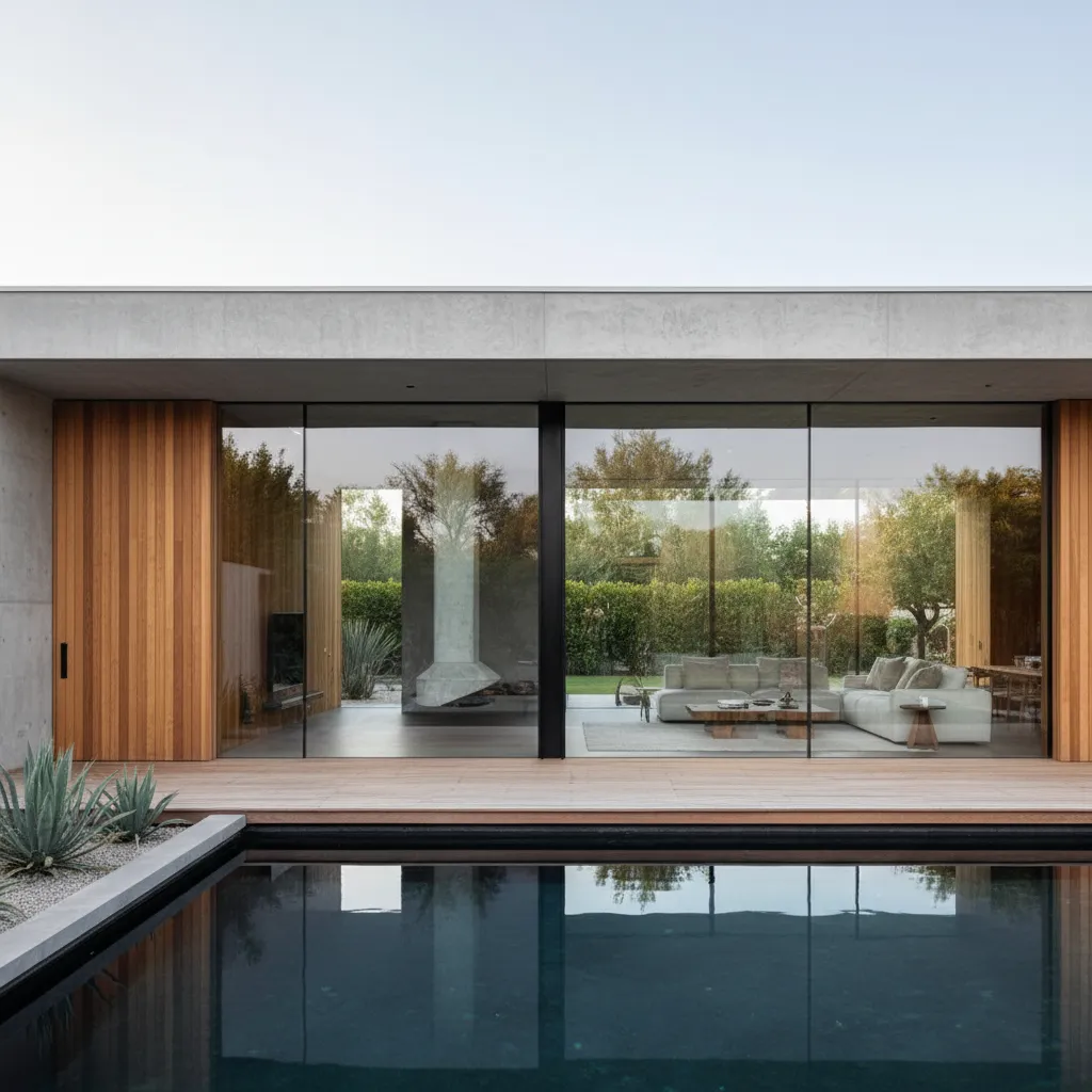 Modern house exterior with swimming pool wooden deck and glass walls showing the living room